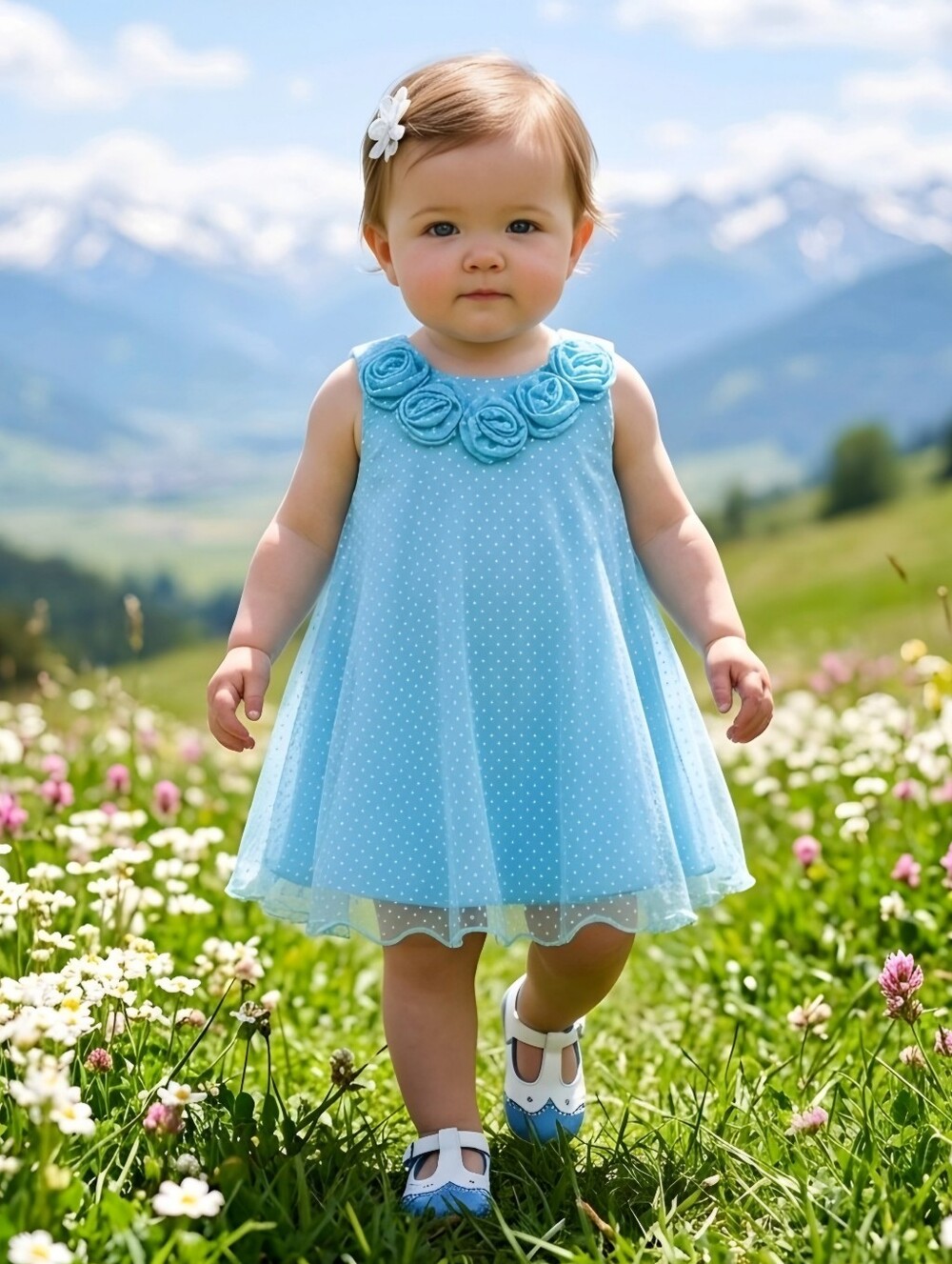 Jessica Ann Blue White Polka Dot Tulle Floral Rosette Baby Dress NWT 18M